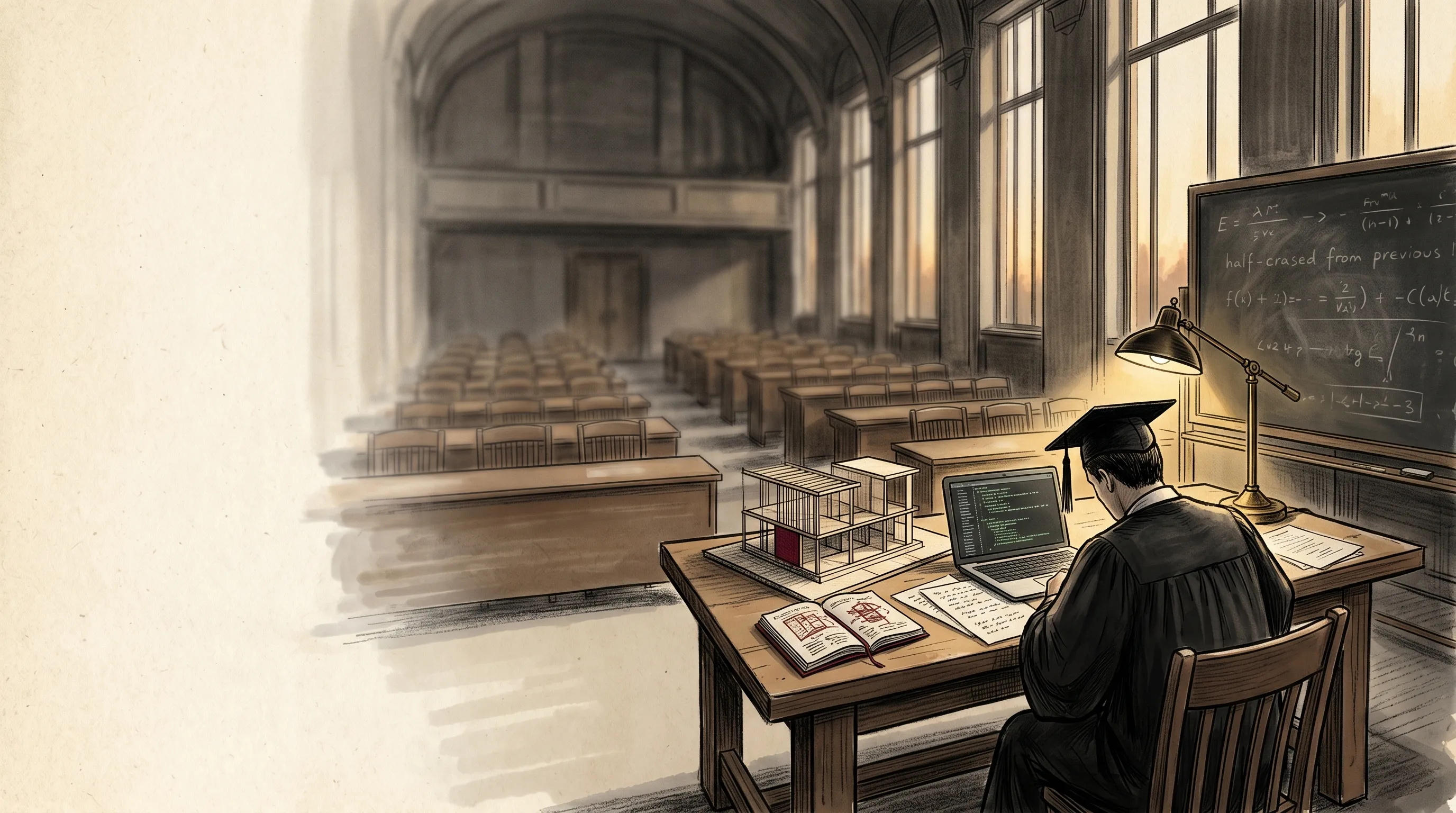 Editorial illustration of a quiet university lecture hall in late afternoon light. Empty wooden desks fade into soft focus on the left. At the front of the hall, where a lectern would have stood, a single wooden workbench. On the workbench: an open laptop, a small architectural model in red ink, an open notebook with hand-drawn diagrams. A solitary faculty figure in academic dress, back to viewer, working at the bench — not lecturing. A brass desk lamp casts a warm pool of gold light. Behind, an old chalkboard with faint half-erased equations.