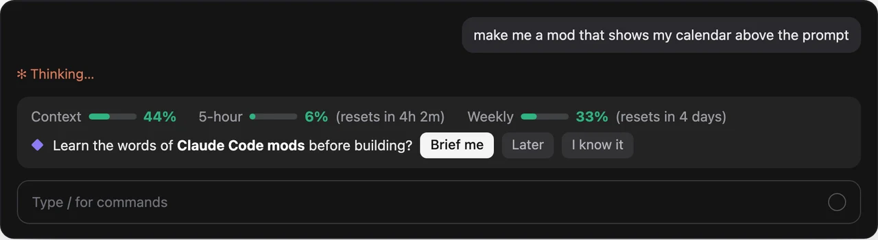 Published Claude Code interface showing the Brief me and Tell me mods
