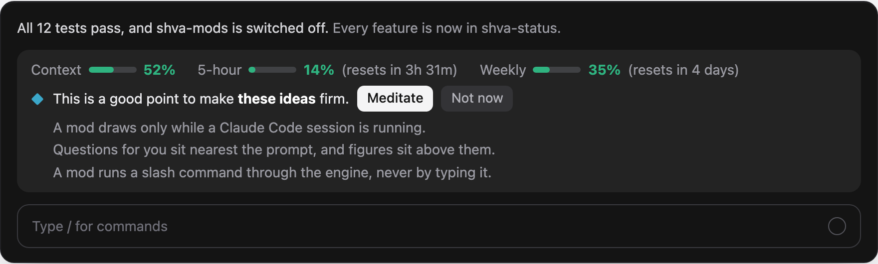 Published Meditate prompt offering reflection after completing part of an AI-assisted build