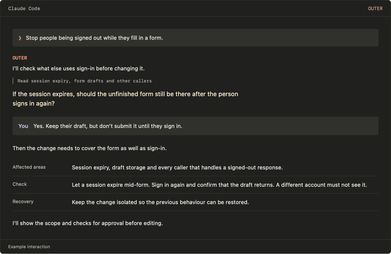 Authored example OUTER conversation about preserving a draft after sign-in and checking affected behaviour